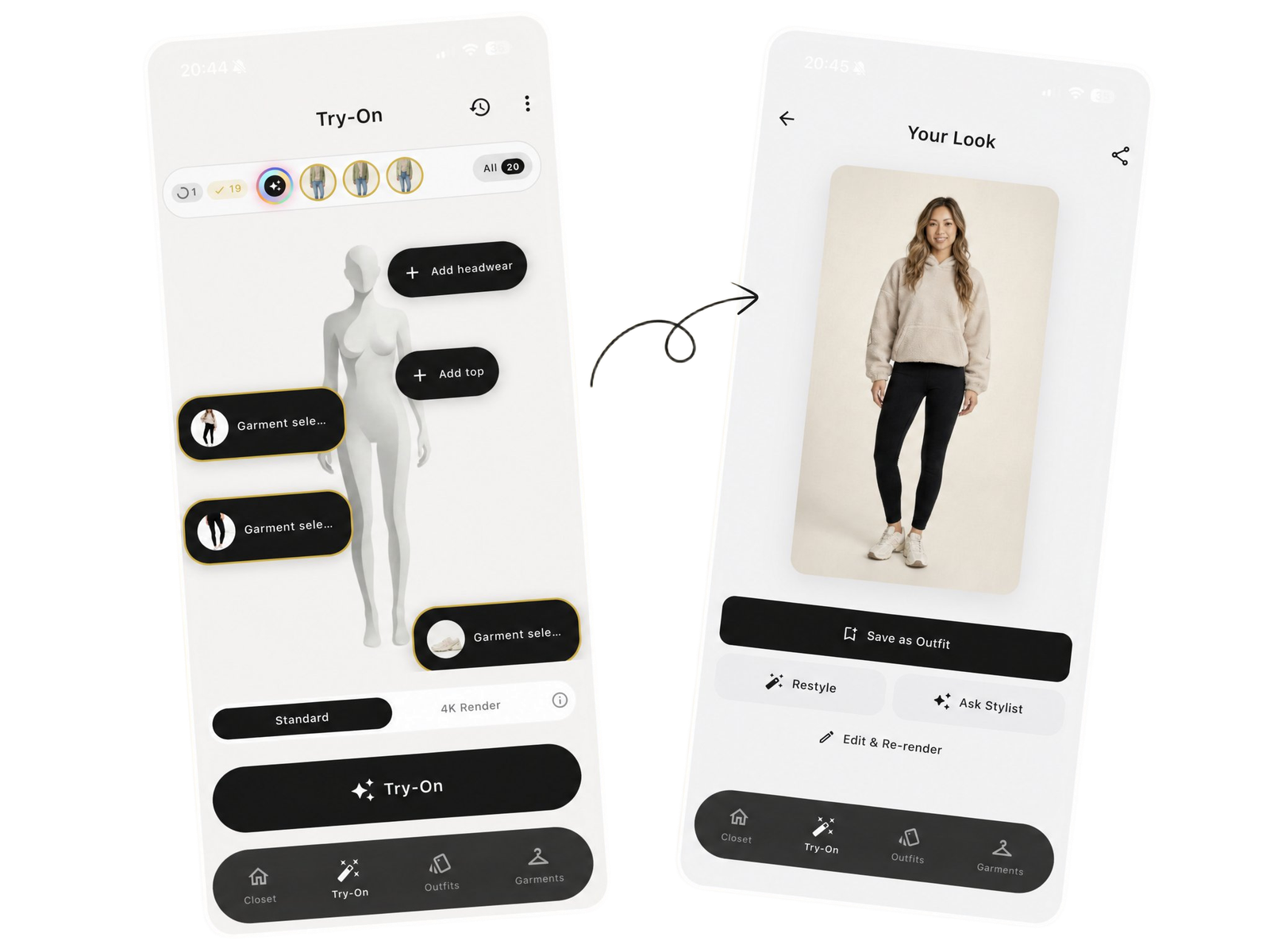 Kynto app — try-on of a sherpa hoodie, leggings, and sneakers rendered on a person